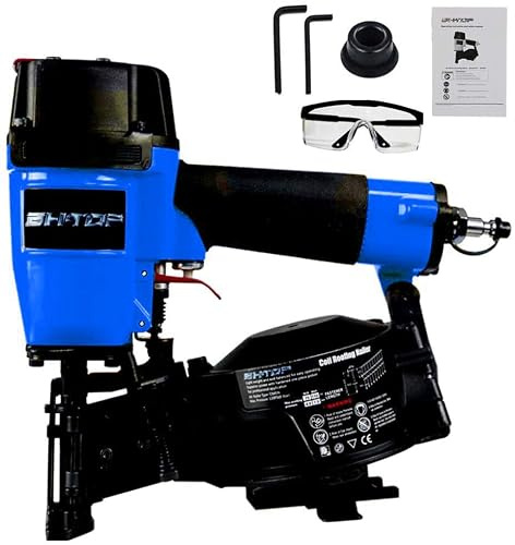 BHTOP Clavadora para techos CN45N, pistola de clavos para techos de 15 grados, clavos de bobina de 3/4 pulgadas a 1-3/4 pulgadas, clavadora de bobina de capacidad de carga de 120 piezas en azul