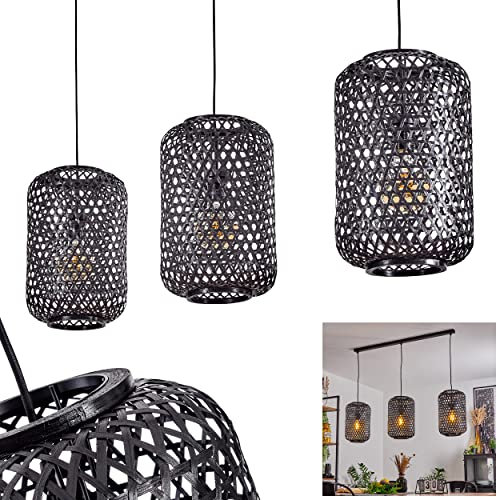 Pendelleuchte Uguay, Hängeleuchte aus Metall/Rattan in Schwarz im Retro/Vintage Design, Pendellampe m. Schirmen in Gitter-Optik aus Rattan (Ø25 cm), Höhe max. 250 cm, 3-flammig, E27, ohne Leuchtmittel