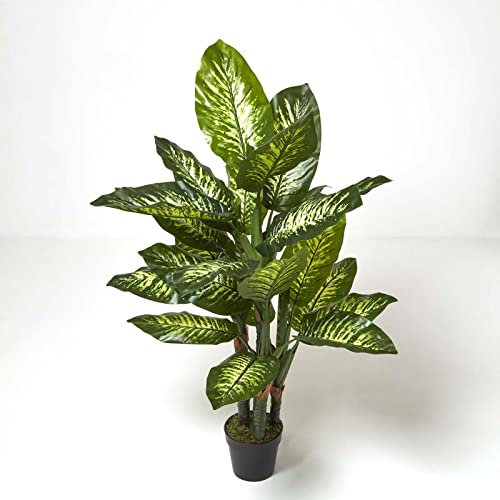HOMESCAPES 150 cm Tall Artificial Dumb Cane Plant in Black Pot with Real Wood Effect Trunk Faux Dieffenbachia Tree with Real Touch Variegated Leaves for Indoor Decoration