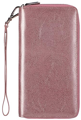 Lavemi RFID-blockierende Damen-Geldbörse, 100% Leder, große Kapazität, Rundumreißverschluss, Handyhalterung, Clutch, Reisebrieftasche mit Armband