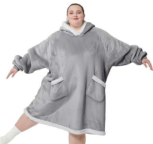 Bedsure Wearable Blanket Hoodie Women - Sherpa Hooded Blanket for Men, Cozy Gifts for Women Mum Kids, Warm Birthday Gifts, Grey, 110 x 90 cm