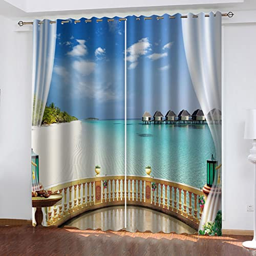 KEIBEK Lot De 2 Rideau Fenetre À Oeillets - Rideau Occultant Salon Moderne, 3D Balcon Plage Vue Mer Motif Rideau Chambre Enfant Isolant Thermique (Chaud/Froid) Et Phonique Lot De 2 Rideaux 200X214cm