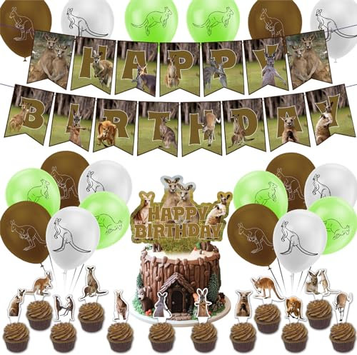 POMNUG Känguru Geburtstag Party Dekorationen Känguru Party Zubehör Inklusive Känguru Geburtstag Banner Kuchen Topper Cupcake Toppers Ballons für Tiere Party Baby Dusche Dekorationen, POMNUG-AB01