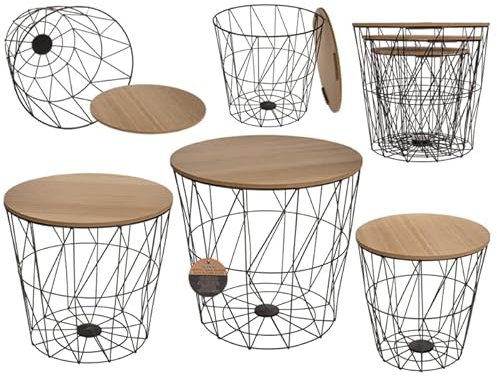 mucHome 3er Set Beistelltisch rund Metallkorb mit Holzplatte 3er Set ca. 41 x 39 cm, 36 x 34 cm, 30 x 29 cm ineinander stapelbar