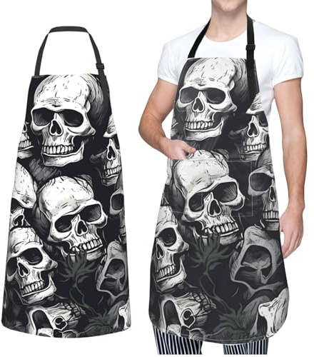 Dwrepo Schürze mit Totenkopf-Muster, wasserdicht, mit 2 Taschen, verstellbar, Küchenschürze, Lätzchen für Damen und Herren, Kochschürze, Schwarz, Einheitsgröße, Schwarz, EinheitsgröÃŸe