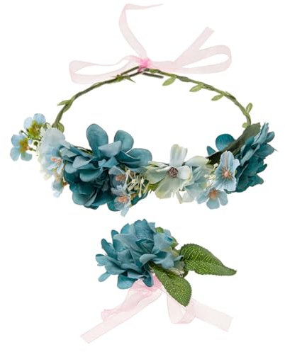 axy Blumenkranz Diadem Haarkranz Damen Mädchen (Blumenkranz und Blumenarmband als Set), Verstellbarer für Hochzeit Karneval Festival Blumen Haarreifen Stirnband Haarband Haarschmuck (Blau)
