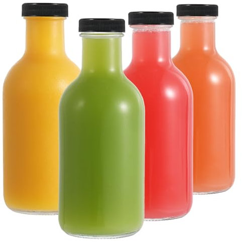 LIMILI Lot de 4 bouteilles de jus en verre transparent réutilisables de 500 ml avec couvercles, pour boissons faites maison, pique-niques, voyages, école