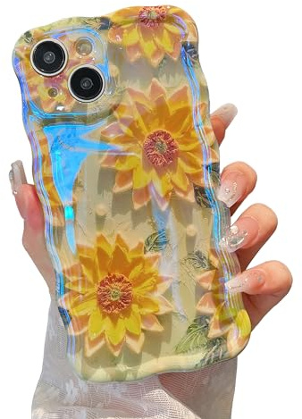XIZYO Oil Painting Flower Case for iPhone 14 Plus/15 Plus, Sunflower/Green | Colorful Retro Style, Curly Wave Frame, Laser Glossy, Cute Aesthetic Floral Pattern, Slim Shockproof, Soft TPU, Girly Design