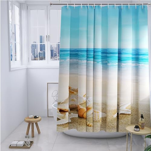 YISURE Duschvorhang 200x220 Ozean, Strand Meer Welle Seesterne Muscheln Duschvorhang badewanne Textil Schimmelresistent maschinenwaschbar, Breite 200 x Höhe 220cm