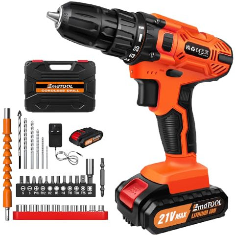 Cordless Drill Driver 21V Battery Drill Set Electric Screwdriver Set, 25+1 Torque Setting, 2 Speeds, 3/8 Inch Keyless Chuck, 29Pcs Drill Driver Bits/Screws, Combi Drill for DIY, Orange(1 Battery)