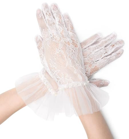 YAMEIZE Kurze Spitzen Handschuhe mit Perle für - Damen Party Mesh Spitze Handschuhe für Braut Handschuh für Halloween Tea Party