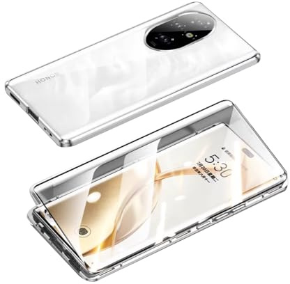 ZQYFCDZ Custodia per Honor 200 Pro, Cornice Metallica, Argento | Cover magnetica, Vetro temperato fronte e retro, Magneti integrati, Blocco laterale, Protezione 360 gradi ultrasottile
