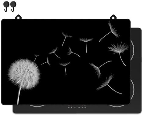 KitchyMist Herdabdeckplatte Pusteblume - Zwart Wit - 78x52 cm - Kochfeld Abdeckung - Induktionsschutz - Küchen-Spritzschutz