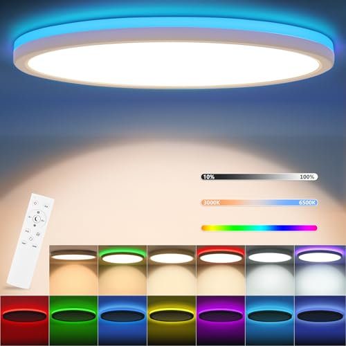 RDGOOD 24W RGB LED Deckenleuchte Dimmbar mit Fernbedienung, 2400LM Deckenlampe Dimmbar 3000K-6500K, Hinterbeleuchtung RGB Farbwechsel für Wohnzimmer Kinderzimmer Schlafzimmer Küche Keller φ30x2.5cm