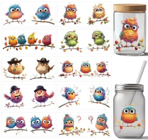 arricraft 10 Stück Süßer Vogel UV DTF Cup Wrap Transferaufkleber 10 Stile Vogel Auf Zweig Transferpapier Rubbelaufkleber PVC Cup Wrap Wasserfeste Rubbelbilder Für Tassengläser 24x11cm/9.4x11Zoll