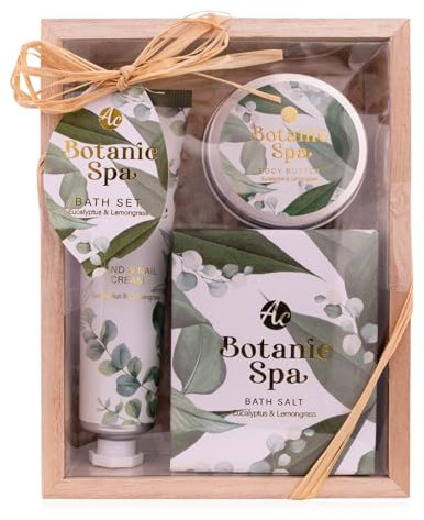 Accentra Coffret cadeau BOTANIC SPA pour femme dans une belle boîte cadeau – Kit de soin 3 pièces avec crème pour les mains, beurre corporel et sels de bain – Coffret cadeau pour la Saint-Valentin et