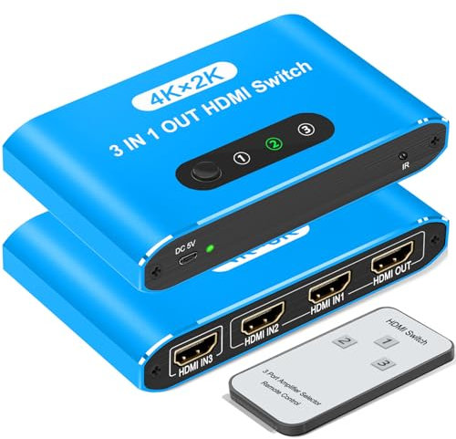 HDMI Switch 3 In 1 Out, Aluminum HDMI Splitter with Remote, HDMI Switcher Supports 4K 3D HD Monitor, Compatible with Laptop/PC/DVD Blu-Ray/PS5/PS4/Xbox/HDTV/Roku TV PC and More(Blue)