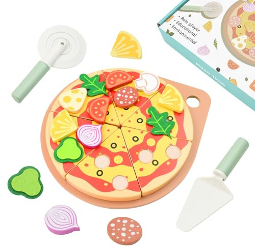 Holz Pizza Spielzeug für Kinder, kinderküche zubehör,DIY-spielküche, Spielnahrung, für 3+ Jungen oder Mädchen, Pädagogisches Rollenspiel Lernspielzeug