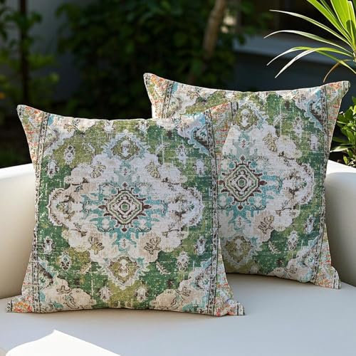 Vorysum Outdoor Kissen Wetterfest 50x50 cm Boho Dekokissen Kissenbezüge Vintage Kissenhülle Grün Kissen Sommer Sofakissen für Wohnzimmer Schlafzimmer Garten Dekorative 2er Set