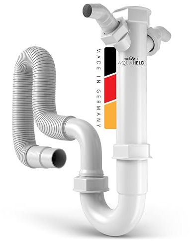 AquaHeld® Siphon für Küchenspüle mit flexiblem Ablaufschlauch [Made in Germany] - 1 1/2 “ x 40/50mm - Röhrensiphon mit zwei 1” Geräteanschlüssen + Anschlussdichtungen
