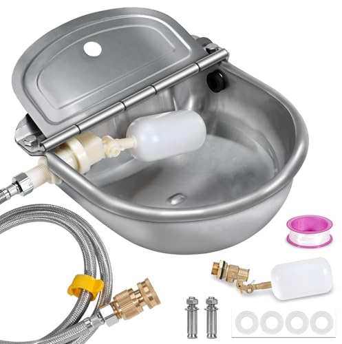 MUDUOBAN Automatic Water Dispenser for Dog,Stainless Steel Outdoor Dog Water Bowl Dispenser,Auto Refill Water Feeder for Chicken Horse Goat Livestock,Pipe and Brass Valve,1/2 to 3/4 GHT Adapter