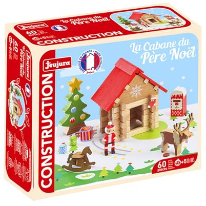 JEUJURA - Cabane de Père Noël 60 Pièces - Jeu Construction dès 5 Ans - 8214 | Jeu en bois enfant - Personnage, accessoires et tapis de jeu inclus - Imagination - Fabriqué en France