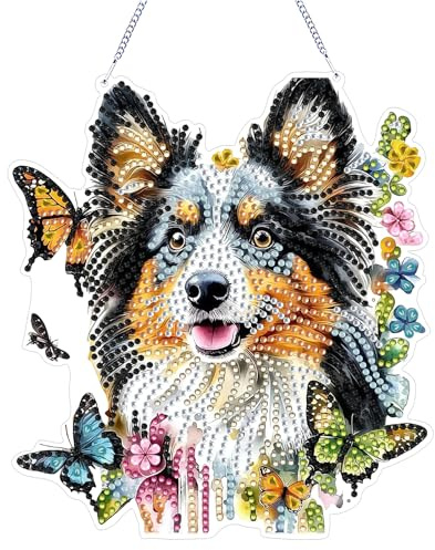 CAYUDEN Diamond Painting Anhänger Kinder Set, DIY Diamond-Painting Fensterbilder Hund Diamant Wand Und Eingang Deko mit Kette für Erwachsene, Mosaik Bastelset für Fenster Küche Decor