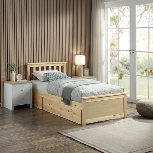 Single Pine Wooden Bed Frame With 3 Drawers Under Bed Storage Space Perfect for Adults Kids Teenagers (No Mattress, 1)
