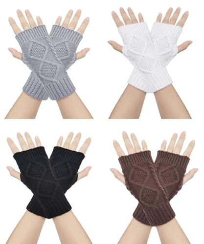 SAIIURV 4 Paar Halb Fingerlose Handschuhe, Warm Weiche Strickhandschuhe, Dehnbar Handstulpen Pulswärmer mit Daumenloch Über, Winter Warme Strick Handschuhe für Laufen, Radfahren, Fahren