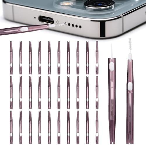 30pcs Phone Cleaning Charger Brushes, Bristles & Hook Double-Sided Mini Cleaning Brush Kit Anti-Clogging Charging Port USB C Cleaner for Most Mobile Phone Accessories (Purple)
