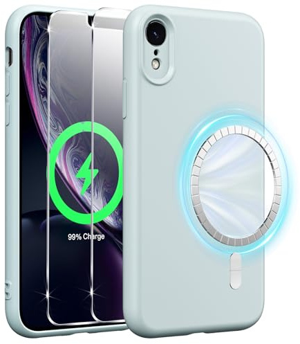 Xiltlly Coque Magnétique en Silicone pour iPhone XR 6,1 Pouces avec 2 Verre Trempé, Compatible avec MagSafe Aimants Intégrés, Étui Housse Antichoc Anti-Rayures Case pour iPhone XR, Bleu
