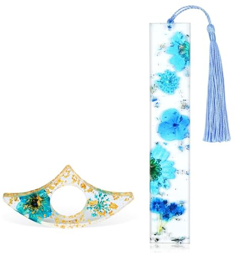 AUAUY 2 PCS Printed Flowers Resin Bookmarks, Printed Flowers (Blue) | Bookmarks with Tassels and Thumb Book Page Holder, Exquisite Book Accessories, Book Lover Gifts for Women, Teachers, Students