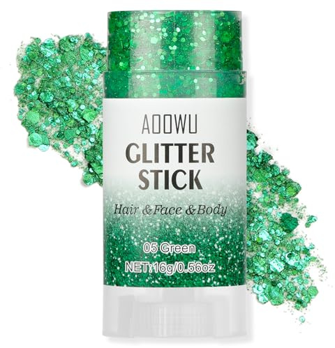 AOOWU Body Glitter Stick, Holographic Chunky Glitter Gel for Face Body Hair, Waterproof Long Lasting Shimmer Sparkle Makeup, Festival Rave Party Carnival Cosplay Accessories,Green