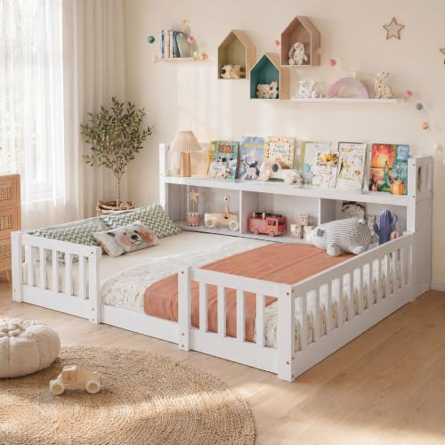 DADEA Kinderbett Bodenbett 140x200 mit Rausfallschutz und Lattenrost, Montessori Tagesbett mit Staufach, Schlafsofa Kinderbett mit Offenem Regal Stauraumbett Kinder-Jugendbett Einzelbett,Ohne Matratze