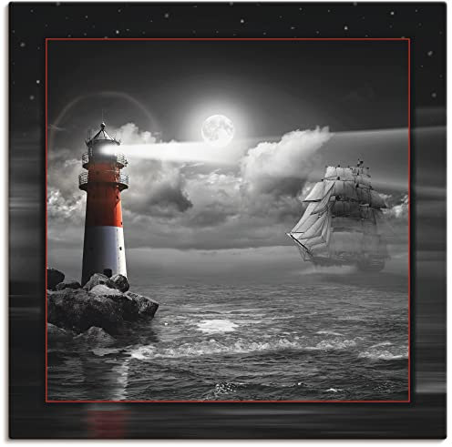ARTLAND Wanddeko Leinwand Bilder Wandbild Maritim Meer Küste Strand Leuchtturm Segelschiff Mond Wolken bei Nacht T6GH