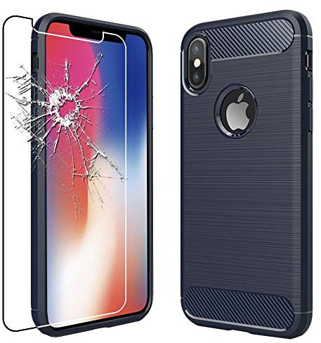 ebestStar - for iPhone X Case iPhone Xs, Cover Protection Carbon Design, Premium Soft TPU, Dark Blue + Glass Screen Protector