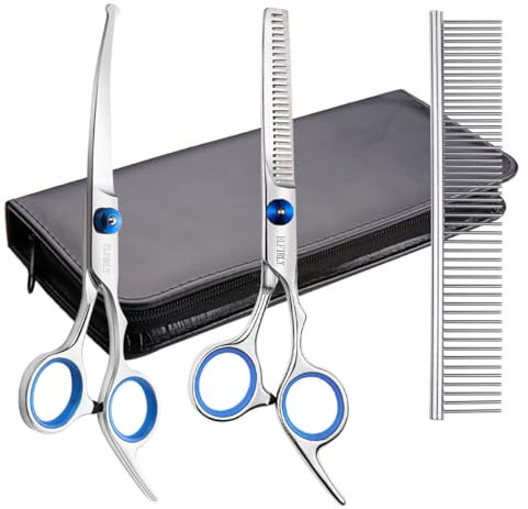 Elfirly Hundepflege-Scheren-Set mit runder Sicherheitsspitze (2er-Pack - gebogene Scheren-Ausdünnungsschere für die Pflege) Tierpflege-Schere mit Pflegekamm für Hunde und Katzen