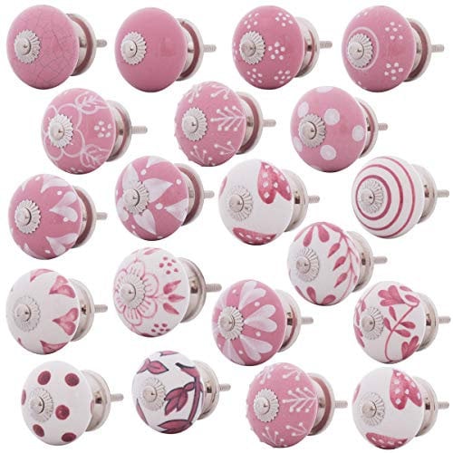 Knober 20 X Stück Set | Rosa Weiß| | Montur aus Edestahl | Möbelknöpfe 40mm Knauf | Türgriff Gewinde metrisch M3 | handbemalt | Set 03