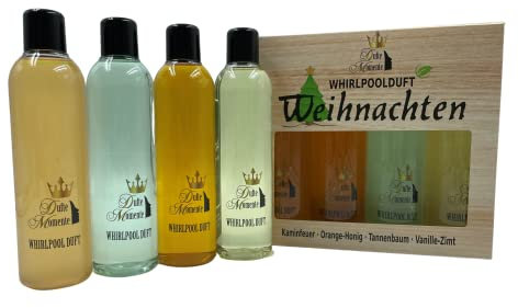 Dufte Momente | Whirlpool Duft 4 x 250ml | Kaminfeuer, Orange-Honig, Tannenbaum und Vanille-Zimt | mit naturreinen und natürlichen ätherischen Ölen | kein Schaum | vegan und ohne Tierversuche