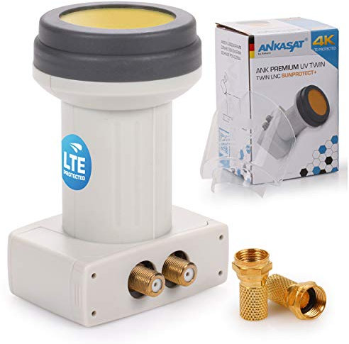 ANKASAT - ANK Premium UV Twin LNB + Wetterschutz Kappe, 2 Teilnehmer zum Direktanschluss, Hitze und Kältebeständig -35° ~ +70°C, ausziehbarer Wetterschutz, HDTV, 4K, UHD, LTE Abschirmung