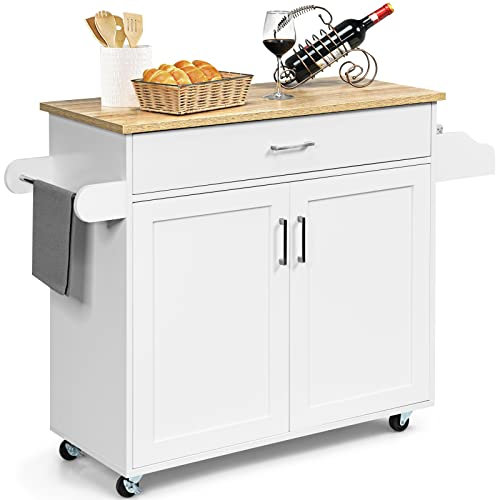 GOPLUS Desserte à rouletttes Cuisine, Chariot à roulettes en Bois avec Placard Étagère 2 Niveaux Réglables et 1 Tiroir, Support à Épices, Porte-Serviettes, 116 x 40 x 85 CM