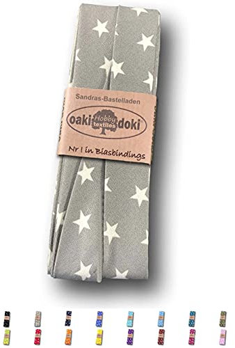 Sandras-Bastelladen Schrägband/Einfassband Baumwolle gefalzt 3m x 20mm - Sternen Muster 2002-Grau-Weiß