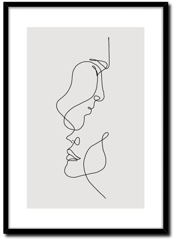 STYLER Rahmenbild Linear 2 | schwarzer Holz Rahmen Optik | modern Kunst | Strichkunst Abstrakt Linien fein Gesicht Mann Frau | Wohnzimmer Schlafzimmer Büro | schwarz weiß schwarzweiß | 50 x 70 cm