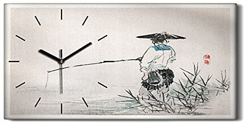 Coloray Uhr auf Leinwand - Schwarze Hände - Wohnzimmer Dekoration Segeltuch Ohne Tickendes Geräusc Kunst Wand Uhr - Asiatischer Fischer Wasserkunst