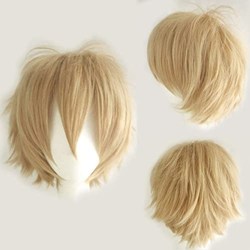 YEESHEDO Unisex-Perücke, kurzer Bob, Anime, Cosplay, volle natürliche Schicht, glatt, flauschiges Haar, Kostüm, Party, Verkleidung, Perücke für Damen, Herren, Jungen, Mädchen (Leinenblond)