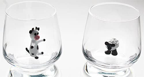 3D-Trinkglasbecher mit süßem Schaf und Kuh innen, handgefertigte Glas-Tierfigur, stielloses Glas für Wasser, Wein, Milch, Getränke, Ostergeschenk für Jungen, Mädchen, Kinder (Schaf und Kuh)