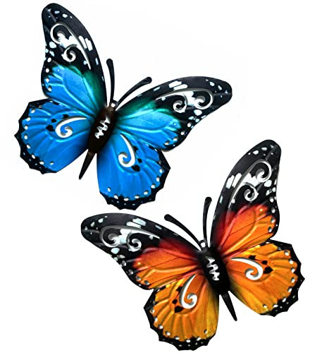 Chyaya 2 PCS Large Metal Butterfly Garden Ornaments Outdoor, Metal Wall Art Big Butterfly Decorations for Outdoor Garden Yard Sheds Walls Fences Decor, 10.63 x 8.66 Inch