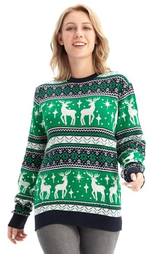 U LOOK UGLY TODAY Hässlicher Weihnachtspullover Damen Unisex lustig Chunky Fair Isle Gestrickter Festlicher Pullover Ugly Christmas Sweater für Party Dunkelgrün XL