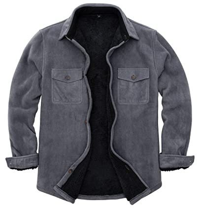 ZENTHACE Herren-Flanell-Hemdjacke mit Sherpa-Fleece-Futter, warm, kariert, Twill helles Grau S
