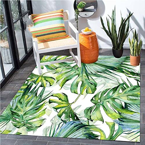 Outdoor Teppich,Nordic Tropischer Dschungel Aquarell Grün Monstera Druck Rutschfester Großer Teppich Moderne Ultraweiche Teppiche Waschbarer Kurzflorteppich Für Wohnzimmer Schlafzimmer Kinderzimm
